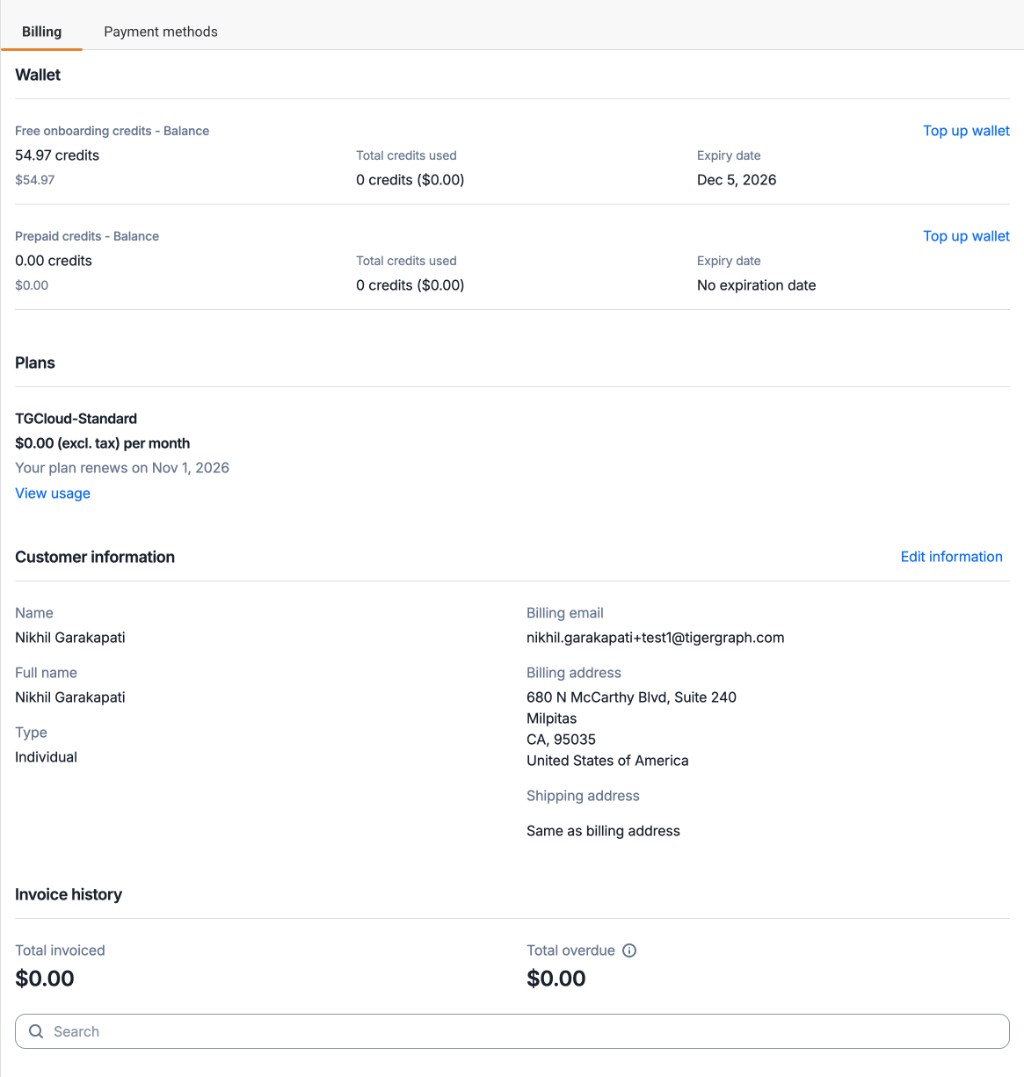 Billing page with wallet